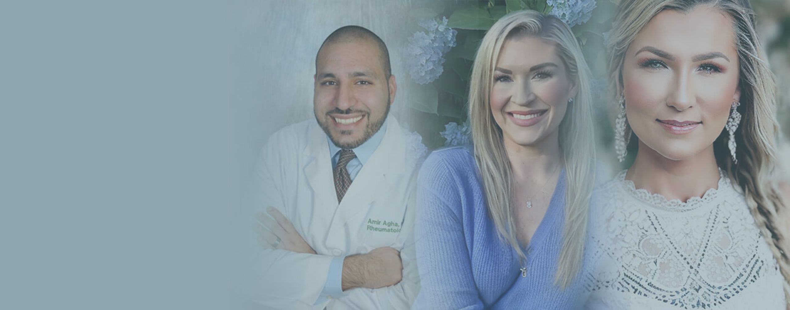 Man in doctor's uniform and 2 blondes with flowers on green background